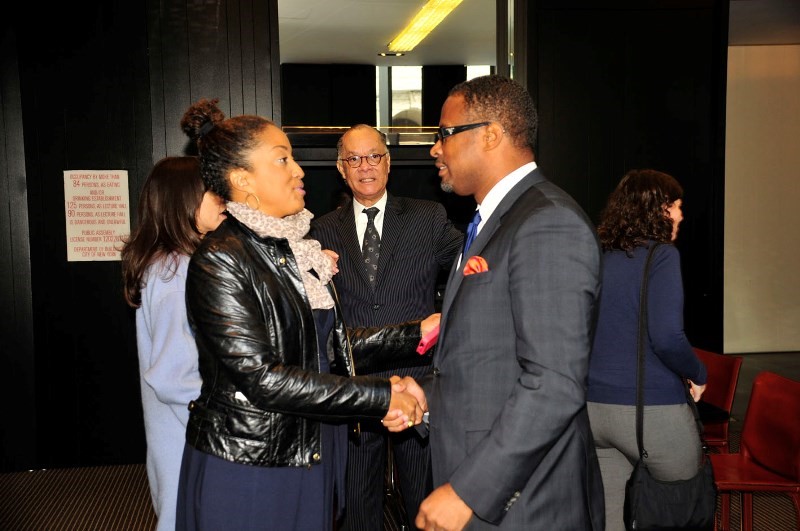 Deputy Premier of Nevis Hon. Mark Brantley greets Rene Syler (L), former CBS Anchor